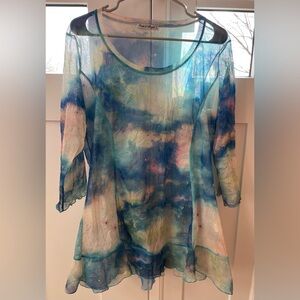 Artsy tunic Carla d'Angeli sheer mesh Paris L/XL blue pink tie dye pastel